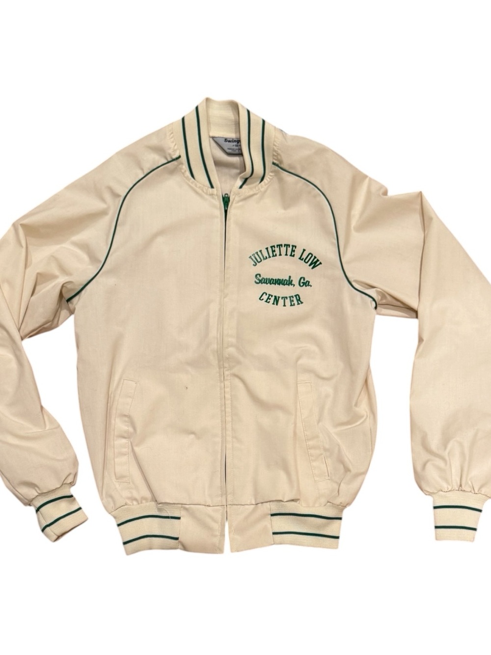 Vintage 70s/80s Cream Bomber Jacket with Green Trim - Juliette Low Center